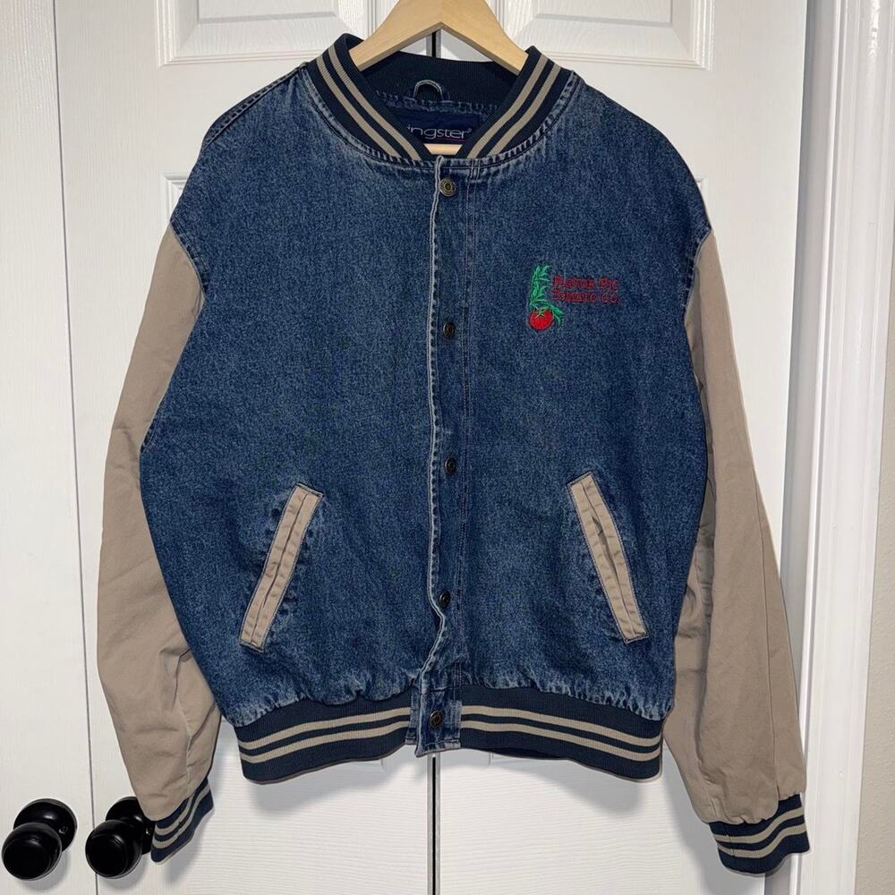 Vintage 1990s flavor-pic blue denim two tone varsity jacket embroidery size L